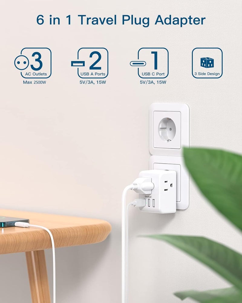 One Beat 2 Pack European Travel Plug Adapter, International Power Plug Adapter with 3 Outlets 3 USB Charging Ports(1 USB C), Type C Plug Adapter Travel Essentials to Most Europe EU Spain Italy France Germany - Image 2